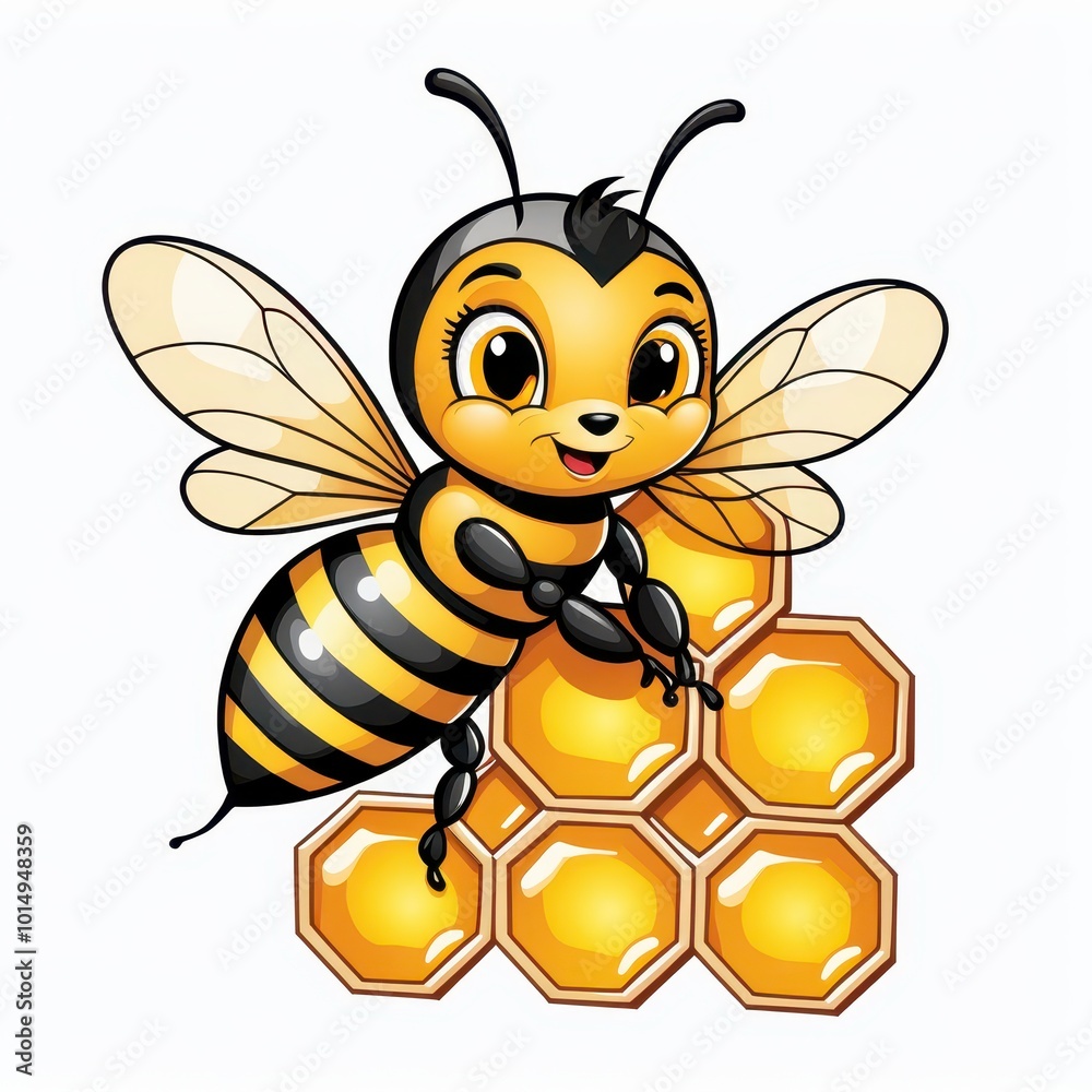 A cheerful cartoon bee with honeycomb, representing nature and ...