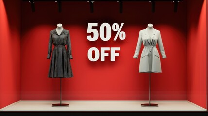 A retail display showcasing two stylish dresses with a bold 