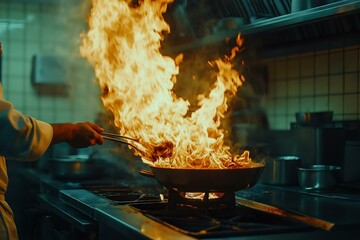 Chef cooking with flames in a kitchen setting.