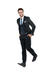 Poster - Business man, walk and portrait with confidence with professional, fashion and entrepreneur in studio. Executive, suit and job with glasses and corporate agent with white background and success