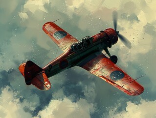 Vintage Red Warplane Flying Through Clouds