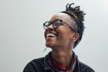 A woman with glasses smiles while wearing a black jacket, perfect for use in business or everyday settings