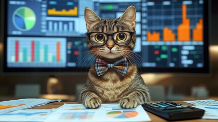 Aufkleber - A tabby cat wearing glasses and a bow tie sits at a desk covered with financial charts and reports. In the background, colorful graphs and data displays create a vibrant office atmosphere.