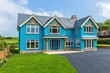 © Adnan saheem - Rendering of a home exterior with bright blue accents, traditional architectural style, featuring flint and oak details, expansive windows, ivory roof trim, a tarmac driveway, and a verdant lawn