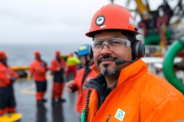 A man in an orange safety suit and hardhat stands on a boat deck, looking at the camera.