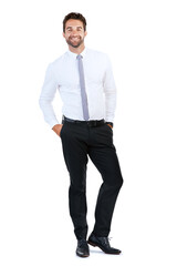 Fototapete - Studio, professional and businessman in portrait for career, corporate project and pride with smile. Mockup, salesperson and happy with confidence for positive attitude, ambitious or white background