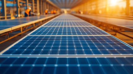 Solar panel manufacturing plant, topdown view of automated assembly lines, bright natural light, workers in the background overseeing the process