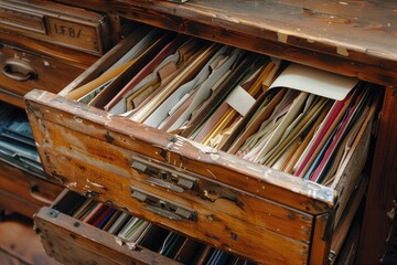 A wooden drawer filled with plenty of papers and documents