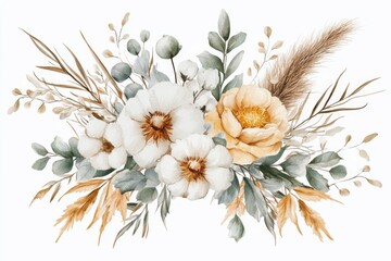 Wall Mural - boho watercolor floral bouquet with cotton flowers, dried foliage, eucalyptus, and pampas grass in s