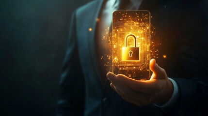 Aufkleber - A professional holding a glowing smartphone displaying a digital lock symbol, representing cybersecurity and data protection.