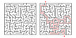 © PrinceGraphix - Square maze puzzle with solution. Simple logic game, maze challenge with entry and exit. Isolated labyrinth vector illustration