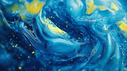 Aufkleber - Vibrant blue swirls intermingled with yellow highlights create a mesmerizing abstract pattern reminiscent of ocean waves.