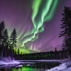 a clear winter night with the northern lights glowing in shades of green and purple, reflecting on a