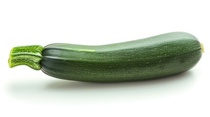 A single zucchini sits on a white surface