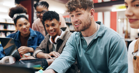 Poster - Education, laptop and discussion of group, university and preparation for exam, talking and studying. College students, friends and people with tech, ideas and notebook for learning, digital or smile