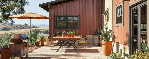 Rust house with terracotta vinyl siding, an earth-toned patio with a rust dining table, terracotta grill, adobe umbrella, and sienna potted plants