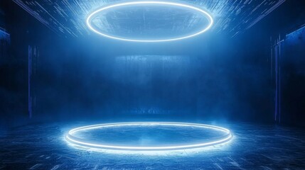 Wall Mural - Blue technology background, a light ring around the center of the stage, a high-end atmosphere and technological sense, a circular shape with white glowing lines on top, a dark blue tone, high resolut