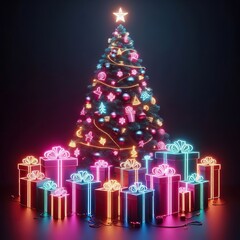 Wall Mural - A Beautiful christmas tree gift boxes on a black background. 3D rendering. Neon lights