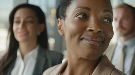 A Close-Up of Diverse Business Professionals in Modern Office Lobby, Emphasizing Confident Expressions and Dynamic Labor Market, with Blurred Urban Cityscape Background.