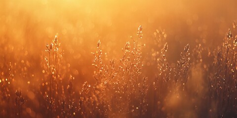 Sticker - Golden grass blades covered in dew sparkling in the morning sunlight.