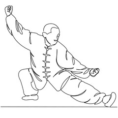 One continuous single drawing line art doodle qigong, chinese, exercise, people, health, sport, concentration, spirituality. Isolated flat illustration hand draw contour on a white background
