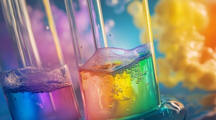 Aufkleber - Close-up of colorful liquids in glass tubes, with bubbles forming at the top. The liquids are a gradient of colors, from blue to green to yellow.