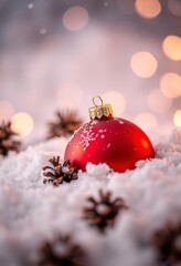 Red Christmas Ornament Half-Buried in Snow with Pinecones and Warm Bokeh Lights