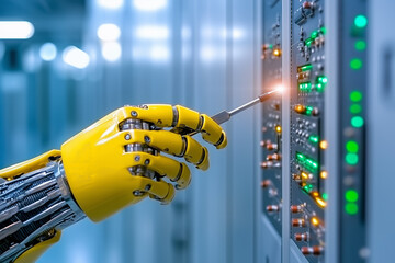 Poster - Robotic hand performing maintenance on server equipment in a modern data center