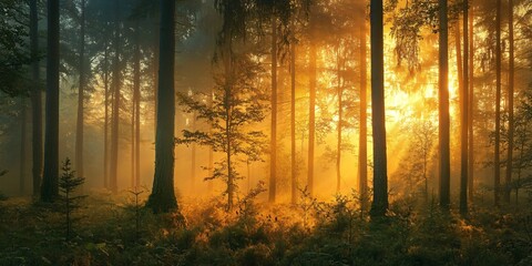 Sticker - Golden Sunlight Through Tall Trees in a Misty Forest.