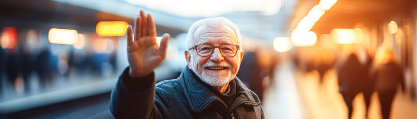 Wall Mural - Joyful Elderly Man Greeting Departing Train with Modern Architecture in Background, Emphasizing Human Connection