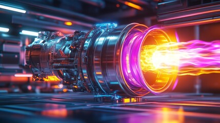 Aufkleber - A cutting-edge jet engine produces vibrant flames in an advanced laboratory, showcasing innovative technology