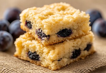 Sticker - Two blueberry squares sit on burlap with fresh blueberries in the background.