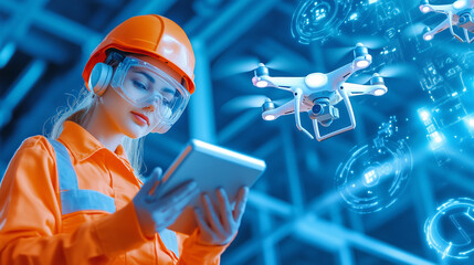 Poster - Engineer in safety gear controls drone technology for industrial applications indoors