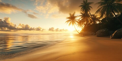 Sticker - Golden sunset over the ocean with palm trees and a sandy beach.