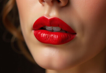 A close-up of a woman's attractive lips with red lipstick.