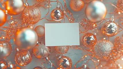 Blanck Christmas card with shimmering gold baubles and festive lights, creating a warm and elegant holiday setting..