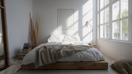 Poster - Natural light floods a spacious bedroom with a wooden bed, inviting white linens, and tall windows. The minimal decor creates a calm atmosphere, perfect for relaxation and rejuvenation.