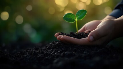 Hand Holding a Small Green Sprout in Soil