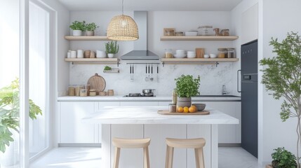 Poster - A white kitchen with a white countertop island and two wooden stools. The kitchen has white cabinets, wooden shelves, and a stainless steel range hood