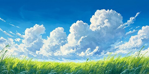 Sticker - Green grass field with a bright blue sky and fluffy white clouds.