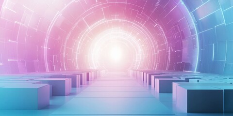 Canvas Print - Abstract futuristic background with a light blue and purple gradient, geometric shapes forming an archway leading to the center of the composition, with glowing white lines creating a dynamic effect