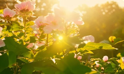 Wall Mural - pink flowers blooming in golden light with green leaves.
