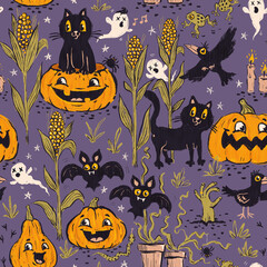 Funny Halloween vintage pattern in retro cartoon style. Cute black cats, pumpkins and bats for Halloween party.