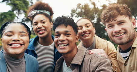 Wall Mural - Selfie, students and happy in portrait on campus for university memory, social media post or profile picture update. Study group, diversity and friends in photograph at college with laughing or smile