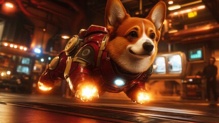 A corgi in a red superhero suit flies through a futuristic setting, sporting glowing thrusters on its paws and a joyful expression, capturing the spirit of adventure and innovation.