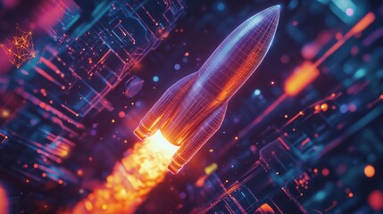 Aufkleber - A sleek rocket ascends through a high-tech environment, leaving a trail of orange exhaust against a backdrop of vibrant blue and purple neon lights
