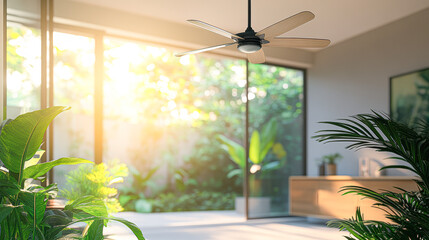 Sticker - Serene Minimalist Interior with Frosted Glass Ceiling Fan and Sunlit Greenery for Comfort and Relaxation