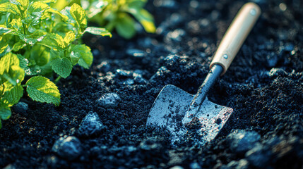 Sticker - A shovel is sitting in the dirt next to some plants