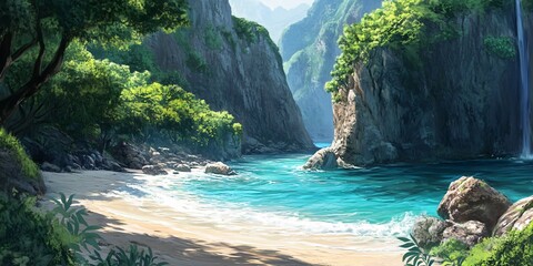 Sticker - Lush green foliage and tall cliffs frame a serene bay with clear blue water and a sandy beach.