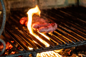 Classic Brazilian sausage barbecue on the grill with wood fire